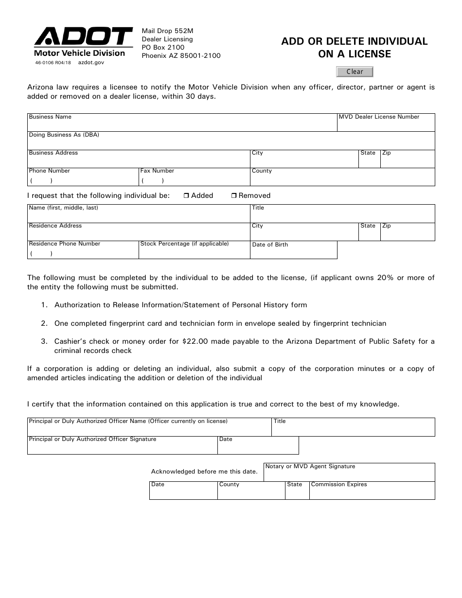 Form 46-0106 Add or Delete Individual on a License - Arizona, Page 1