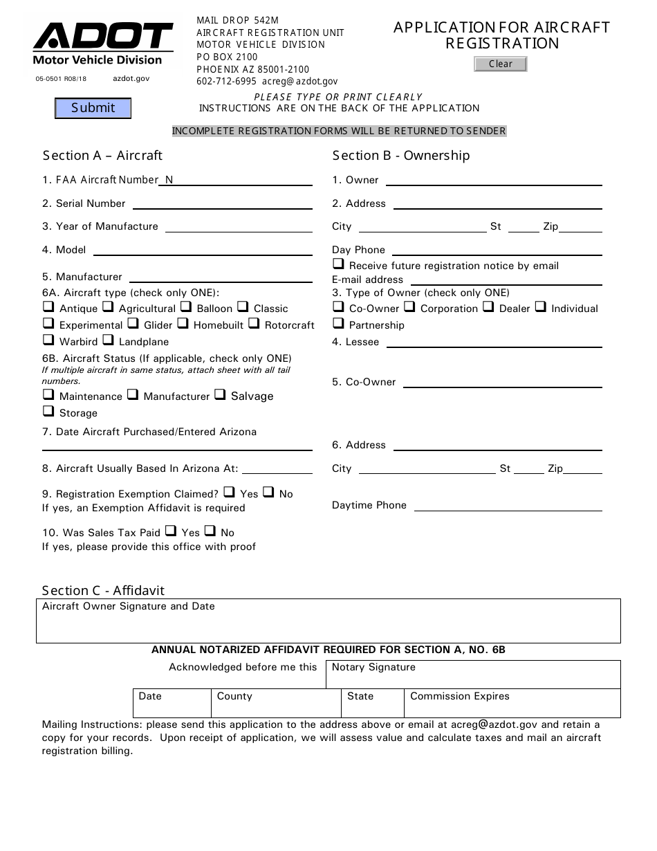 Form 05-0501 Application for Aircraft Registration - Arizona, Page 1