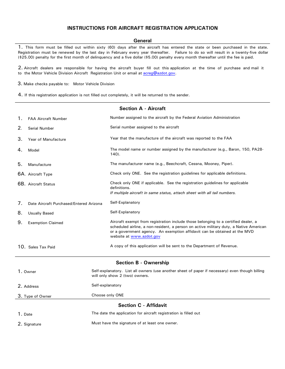 Form 05-0501 Application for Aircraft Registration - Arizona, Page 2