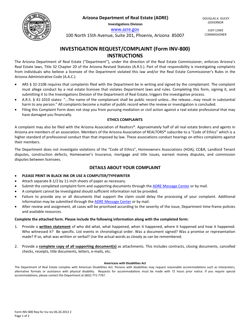 Form INV-800 Investigation Request / Complaint - Arizona, Page 1