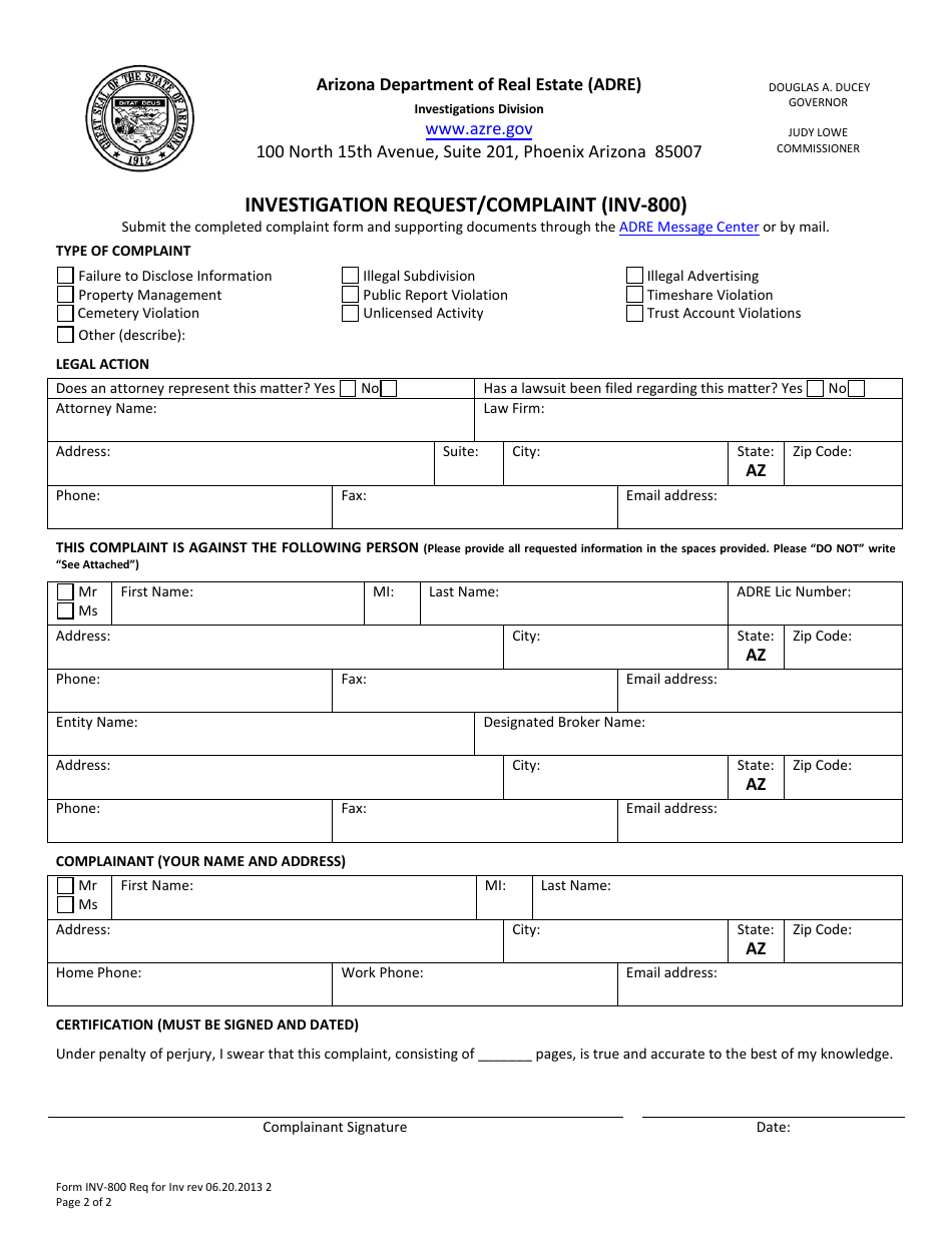 Form INV-800 Investigation Request / Complaint - Arizona, Page 2