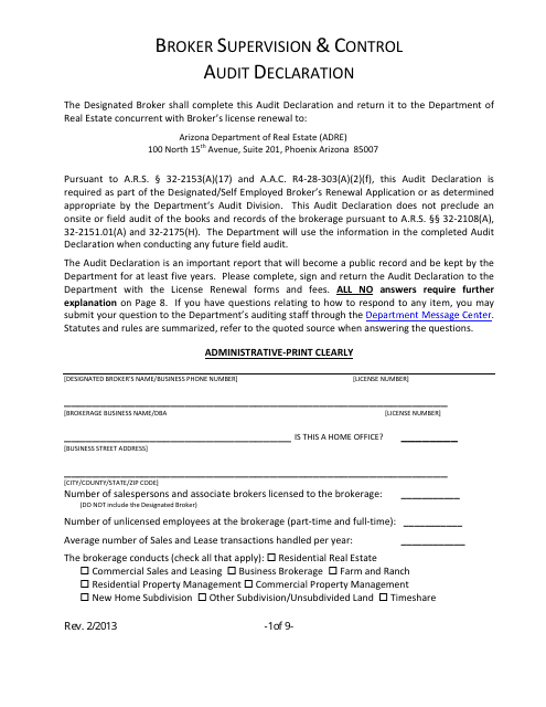 Broker Supervision and Control Audit Declaration Form - Arizona Download Pdf