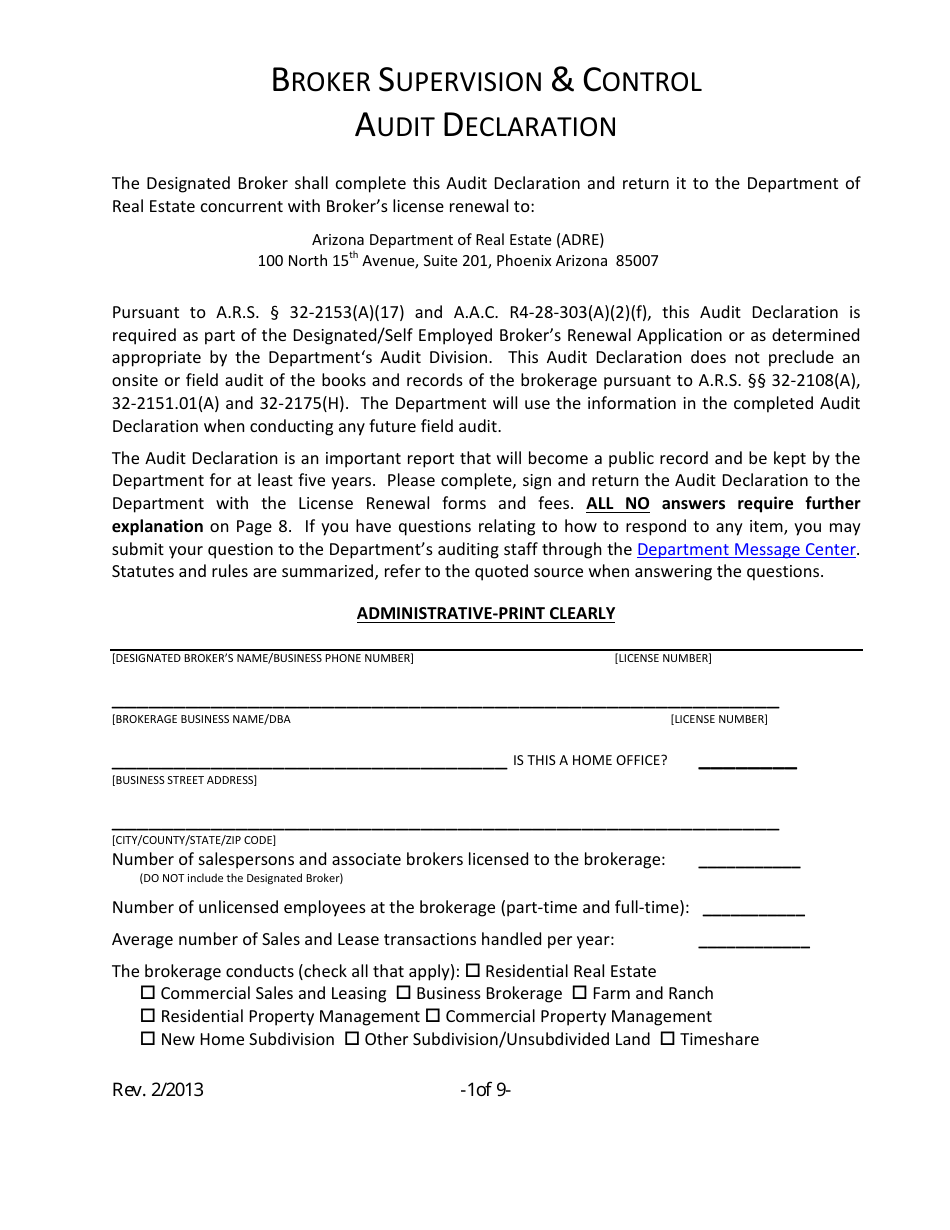 Broker Supervision and Control Audit Declaration Form - Arizona, Page 1