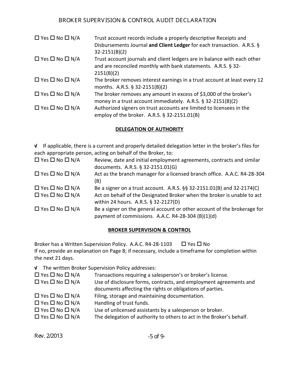 Broker Supervision and Control Audit Declaration Form - Arizona, Page 5