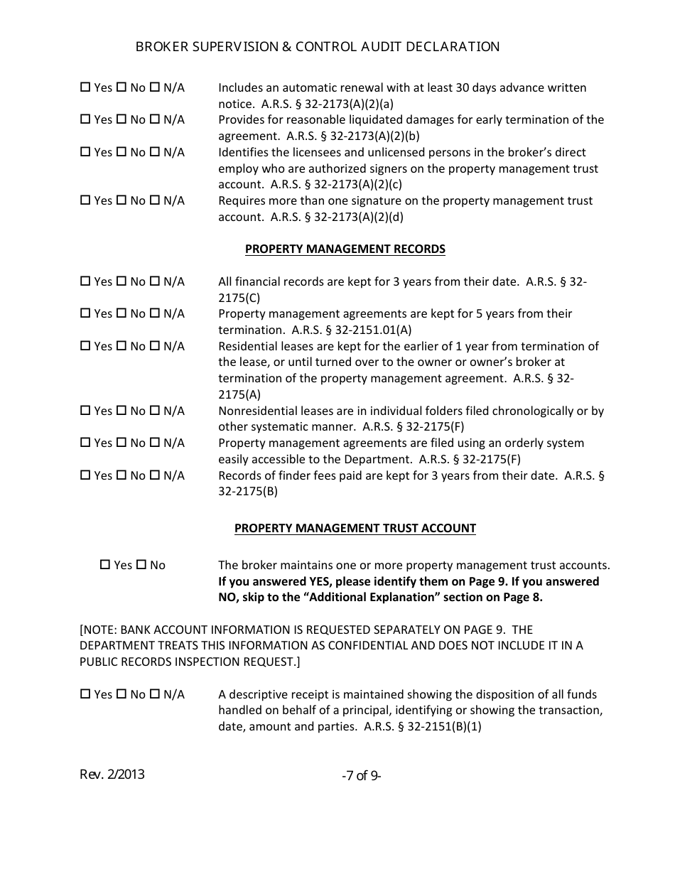 Broker Supervision and Control Audit Declaration Form - Arizona, Page 7
