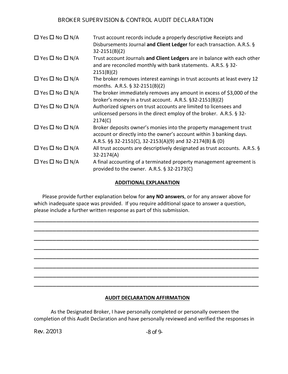 Broker Supervision and Control Audit Declaration Form - Arizona, Page 8