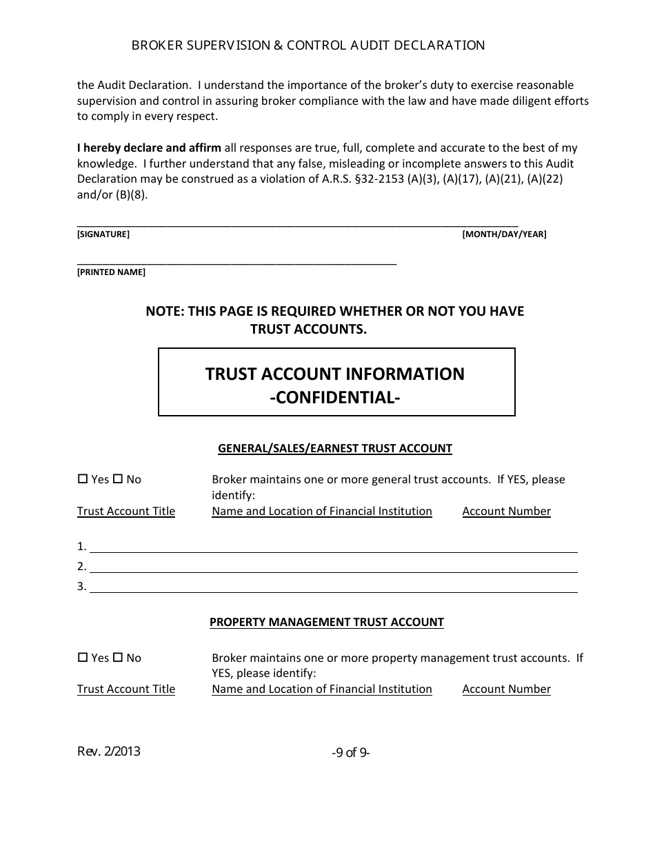 Broker Supervision and Control Audit Declaration Form - Arizona, Page 9
