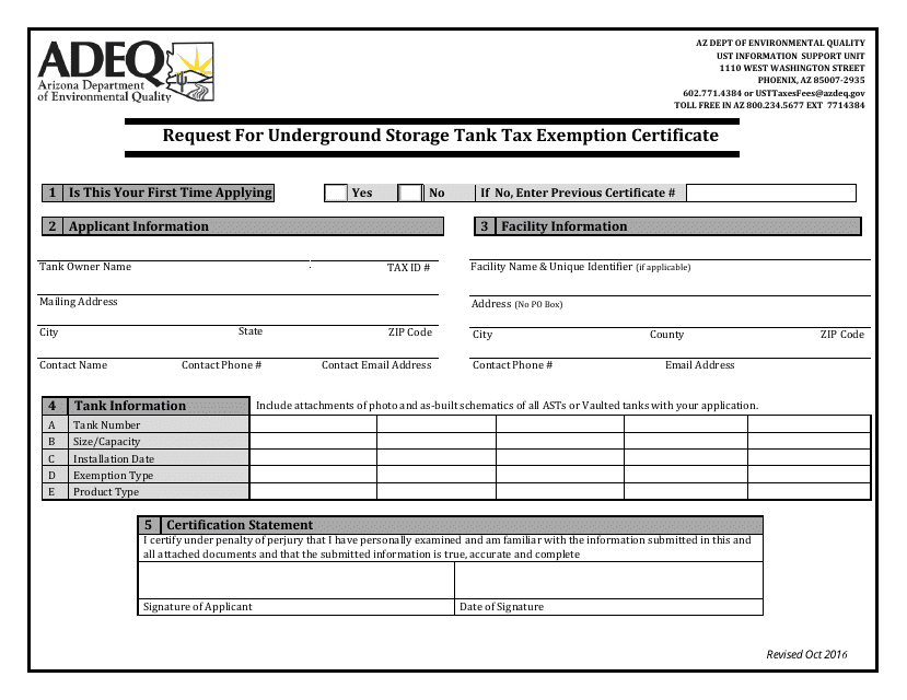 Request for Underground Storage Tank Tax Exemption Certificate - Arizona Download Pdf