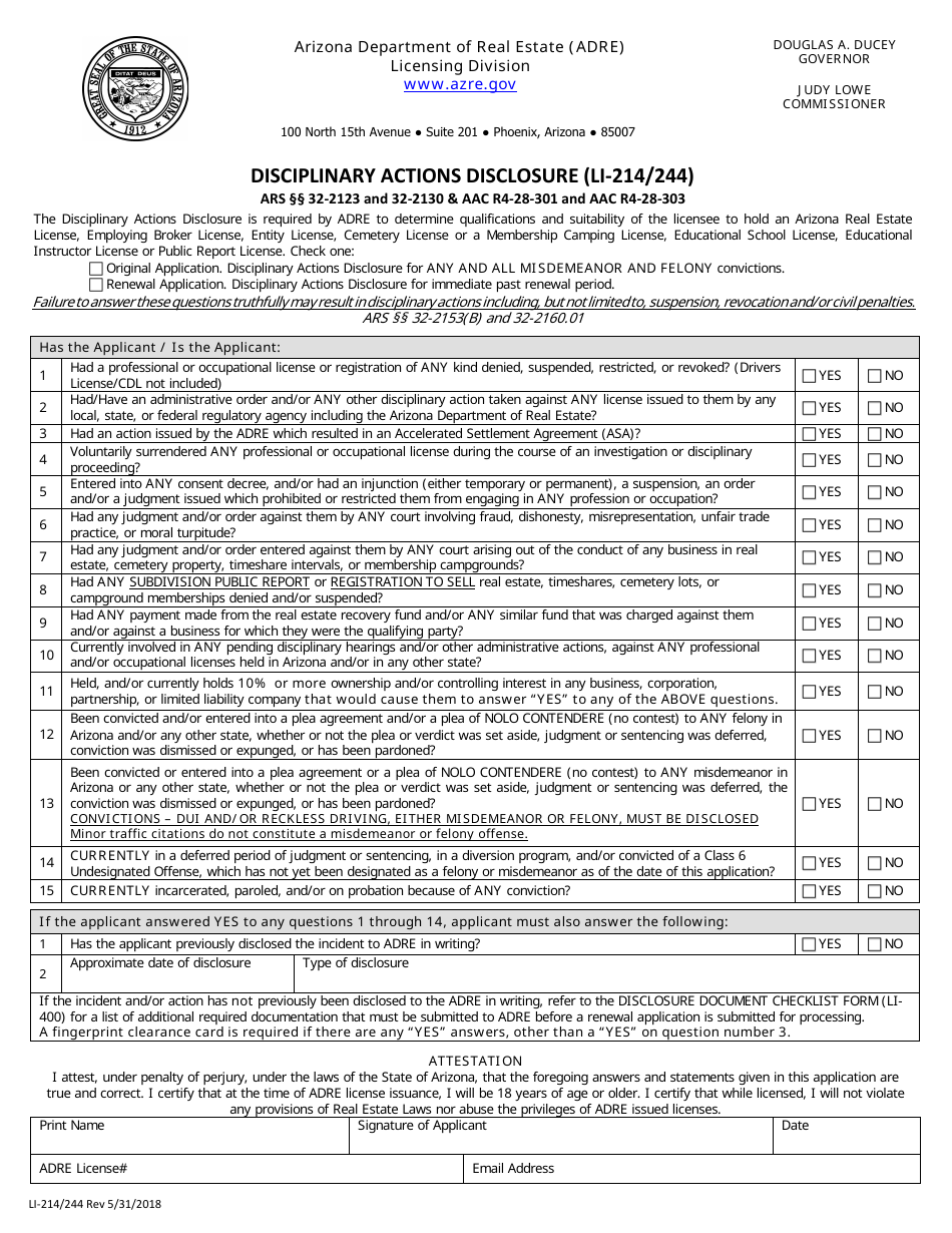 Form LI-214 / 244 Disciplinary Actions Disclosure - Arizona, Page 1