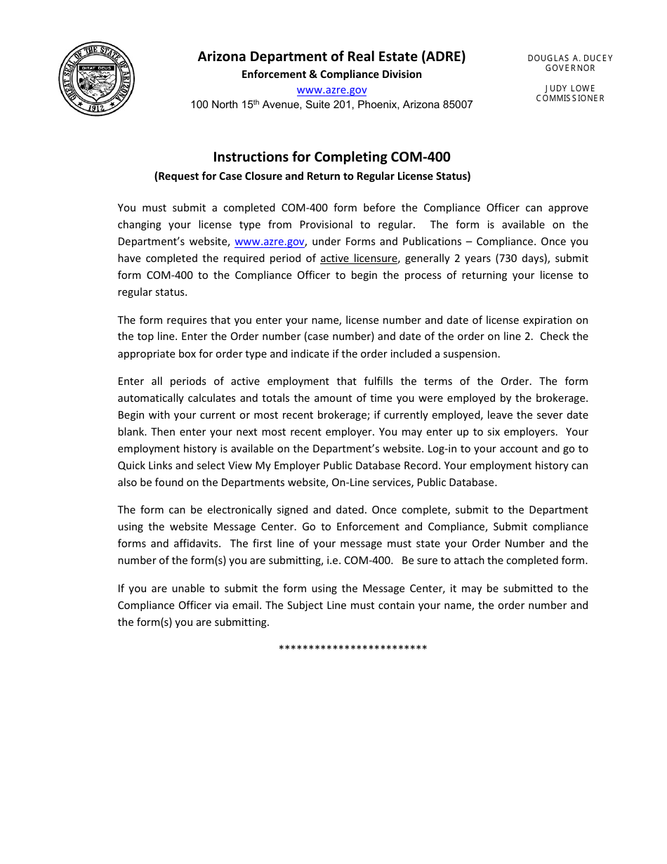 Form COM400 Fill Out, Sign Online and Download Fillable PDF, Arizona