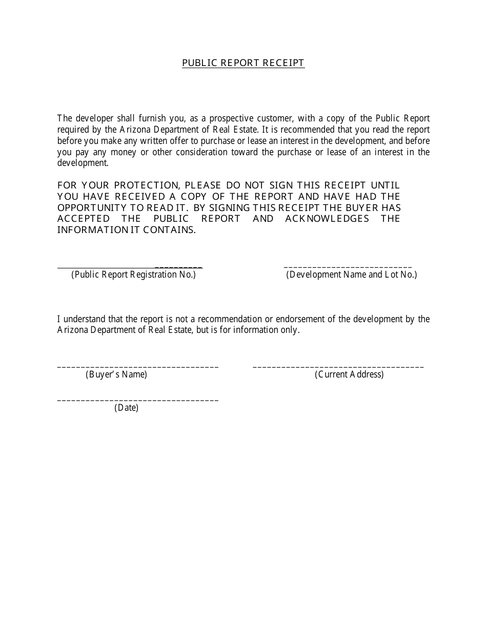 Disclosure Report (Public Report) Receipt Form - Arizona, Page 1