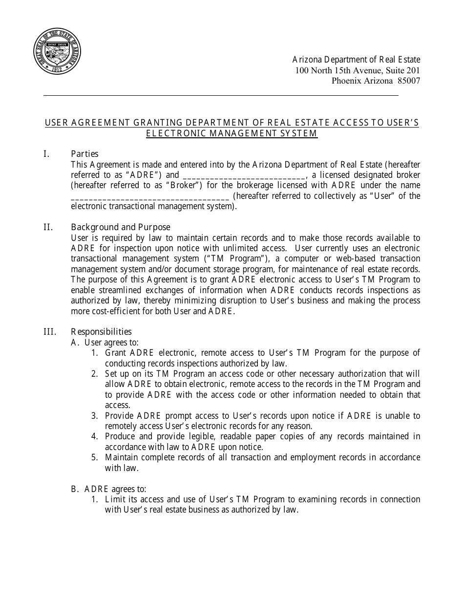 User Agreement Granting Department of Real Estate Access to Users Electronic Management System - Arizona, Page 1