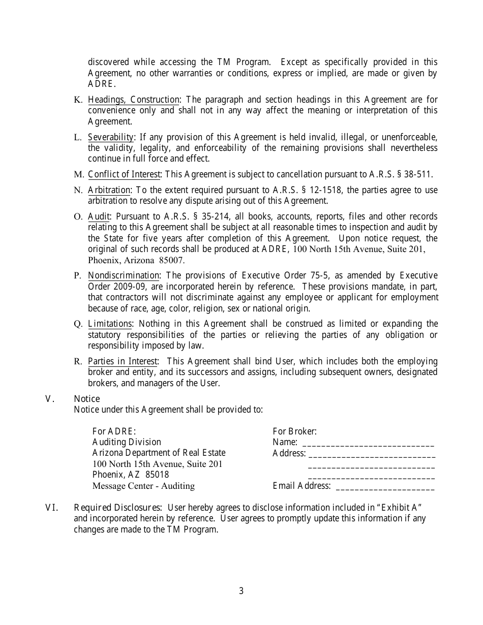User Agreement Granting Department of Real Estate Access to Users Electronic Management System - Arizona, Page 3