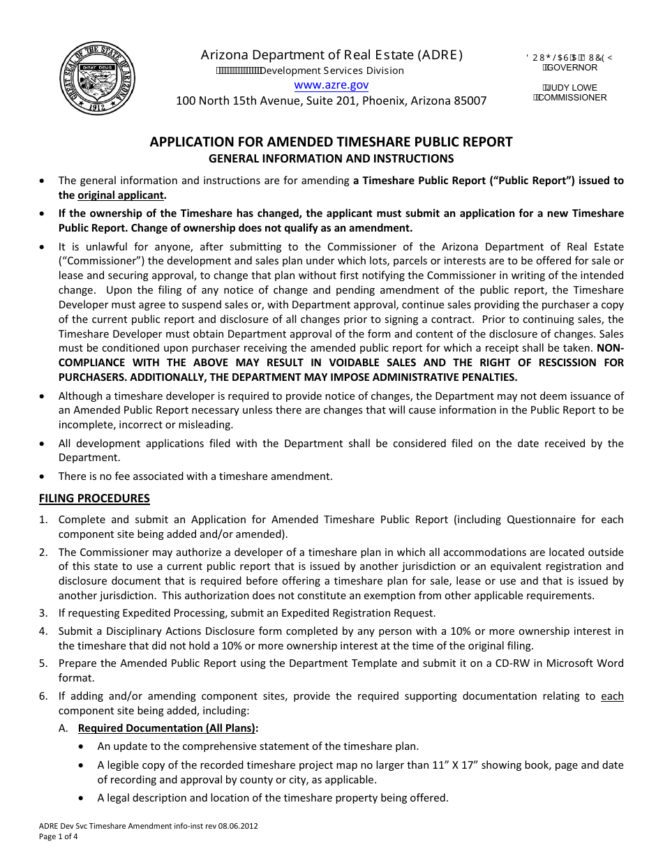 Instructions for Form Y Application for Amended Timeshare Public Report - Arizona, Page 1
