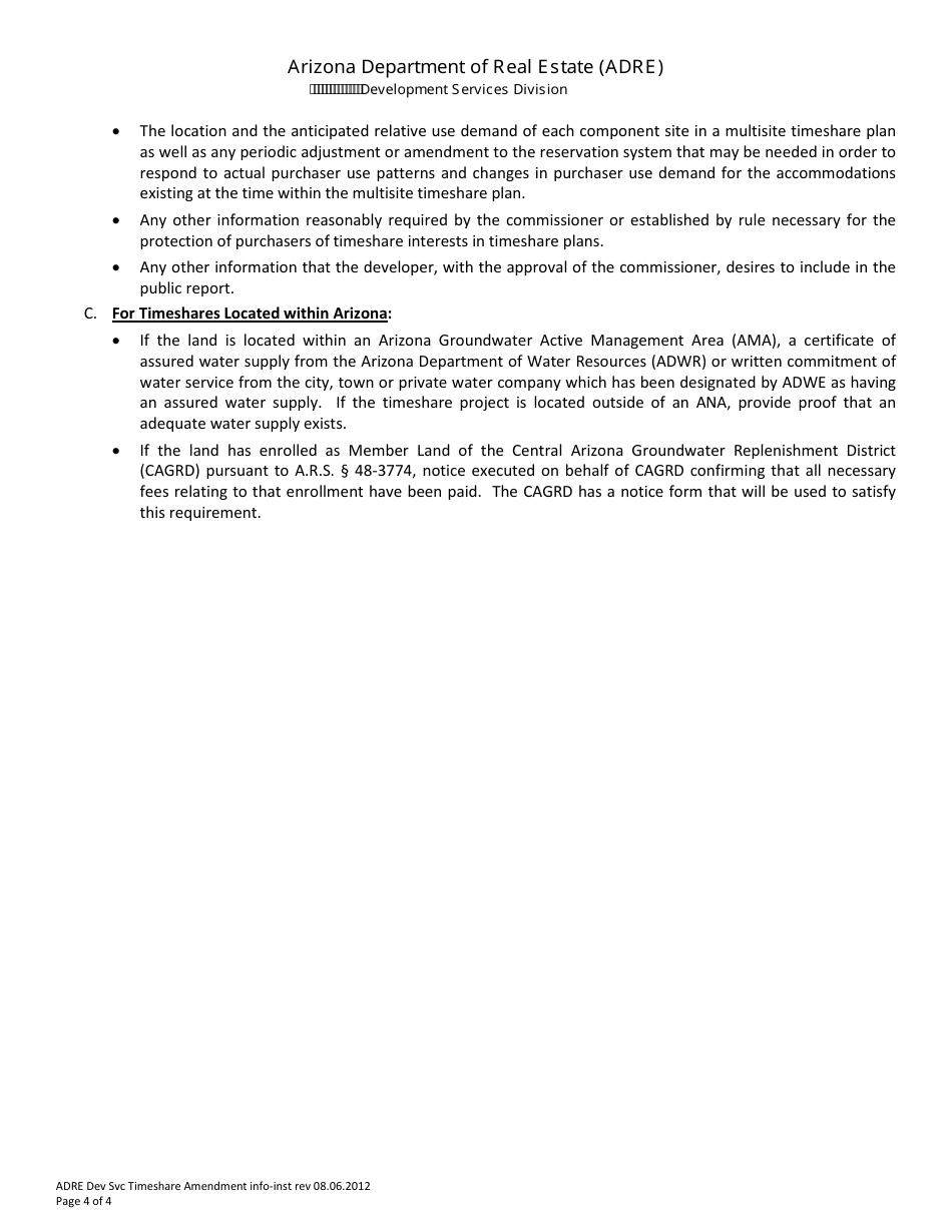 Instructions for Form Y Application for Amended Timeshare Public Report - Arizona, Page 4