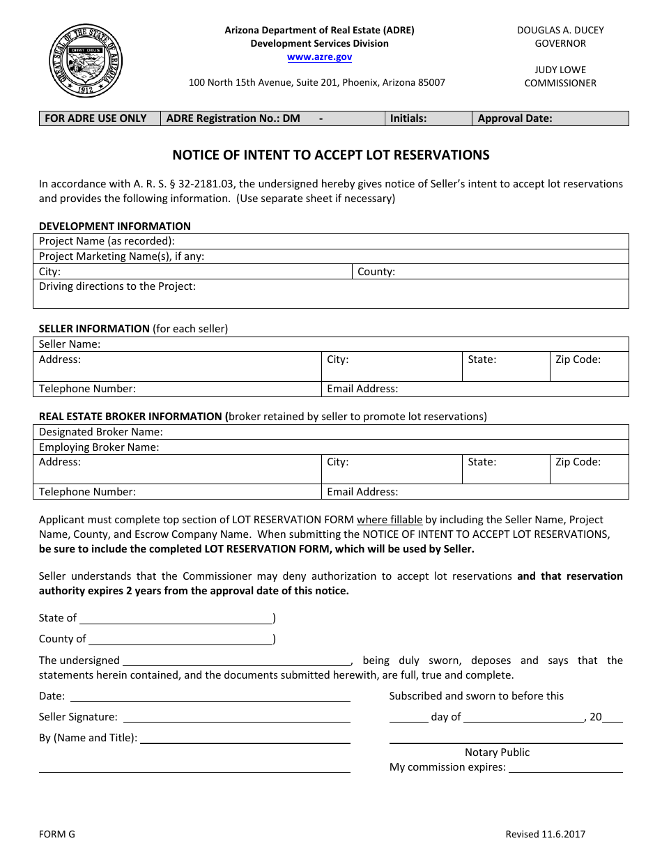 Form G Notice of Intent to Accept Lot Reservations - Arizona, Page 2