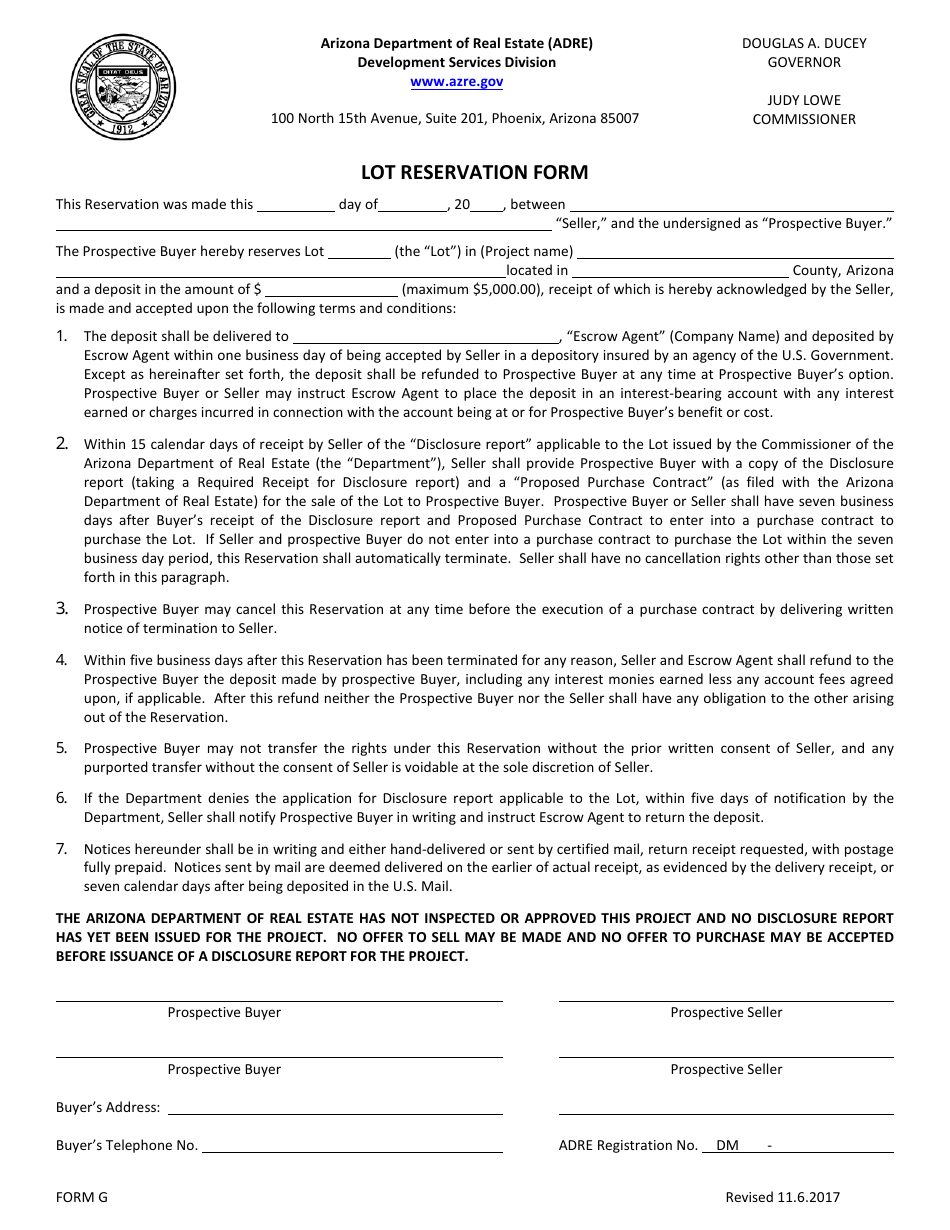 Form G Notice of Intent to Accept Lot Reservations - Arizona, Page 3