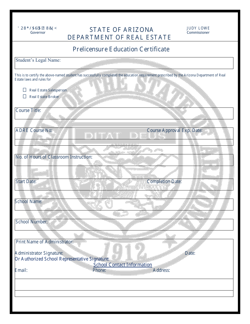 Prelicensure Education Certificate Form - Arizona, Page 1