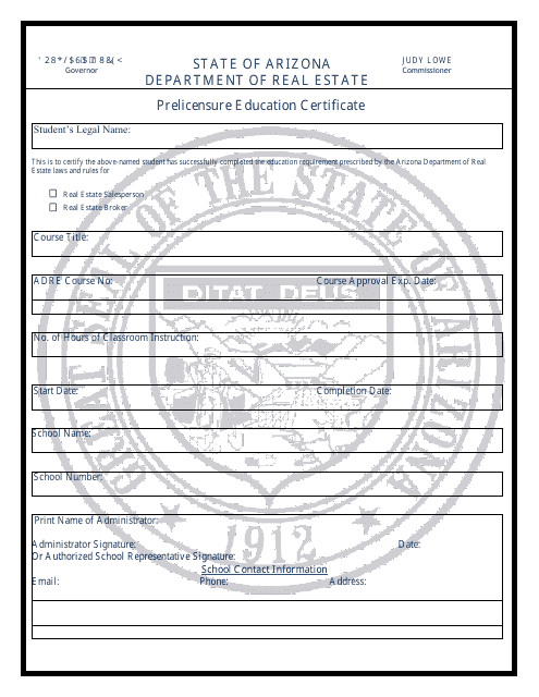 Prelicensure Education Certificate Form - Arizona