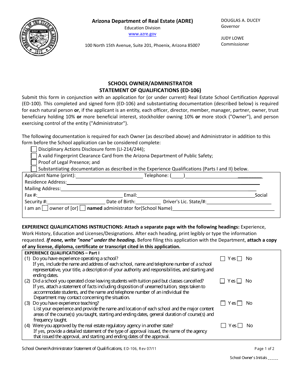 Form ED-106 - Fill Out, Sign Online and Download Printable PDF, Arizona ...