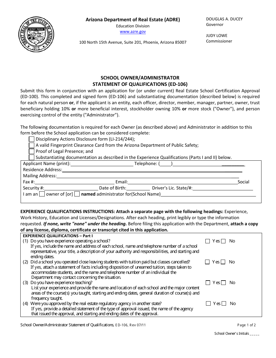 Form ED-106 School Owner or Administrator Statement of Qualifications - Arizona, Page 1