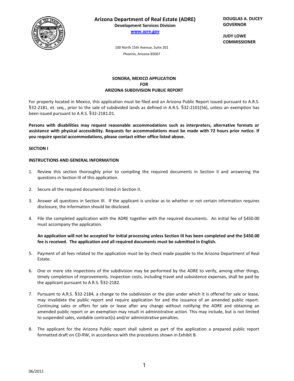 Sonora, Mexico Application for Arizona Subdivision Public Report Form - Arizona, Page 1