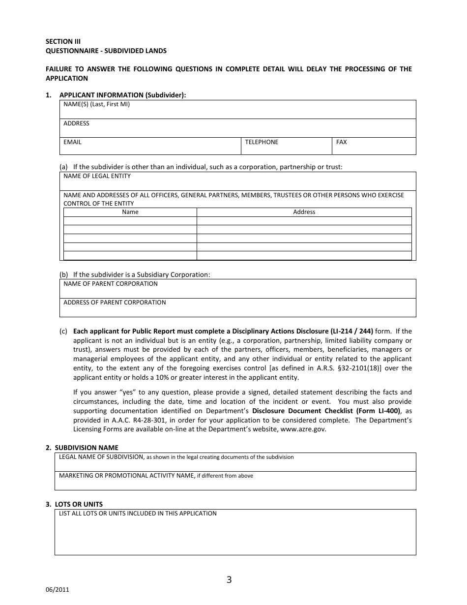 Sonora, Mexico Application for Arizona Subdivision Public Report Form - Arizona, Page 3