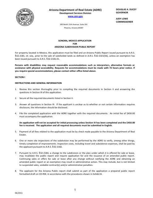 Sonora, Mexico Application for Arizona Subdivision Public Report Form - Arizona Download Pdf