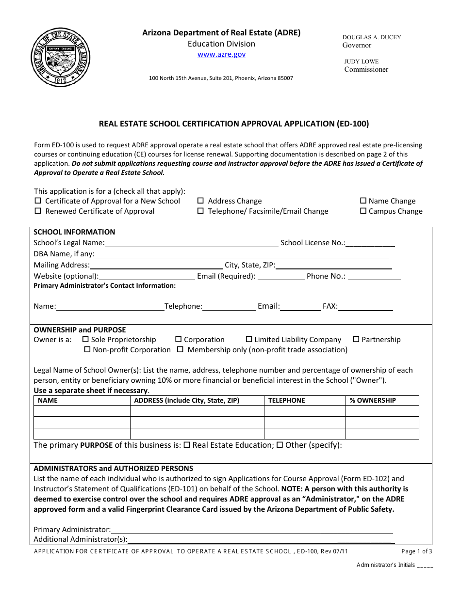 Form ED-100 Real Estate School Certification Approval Application - Arizona, Page 1