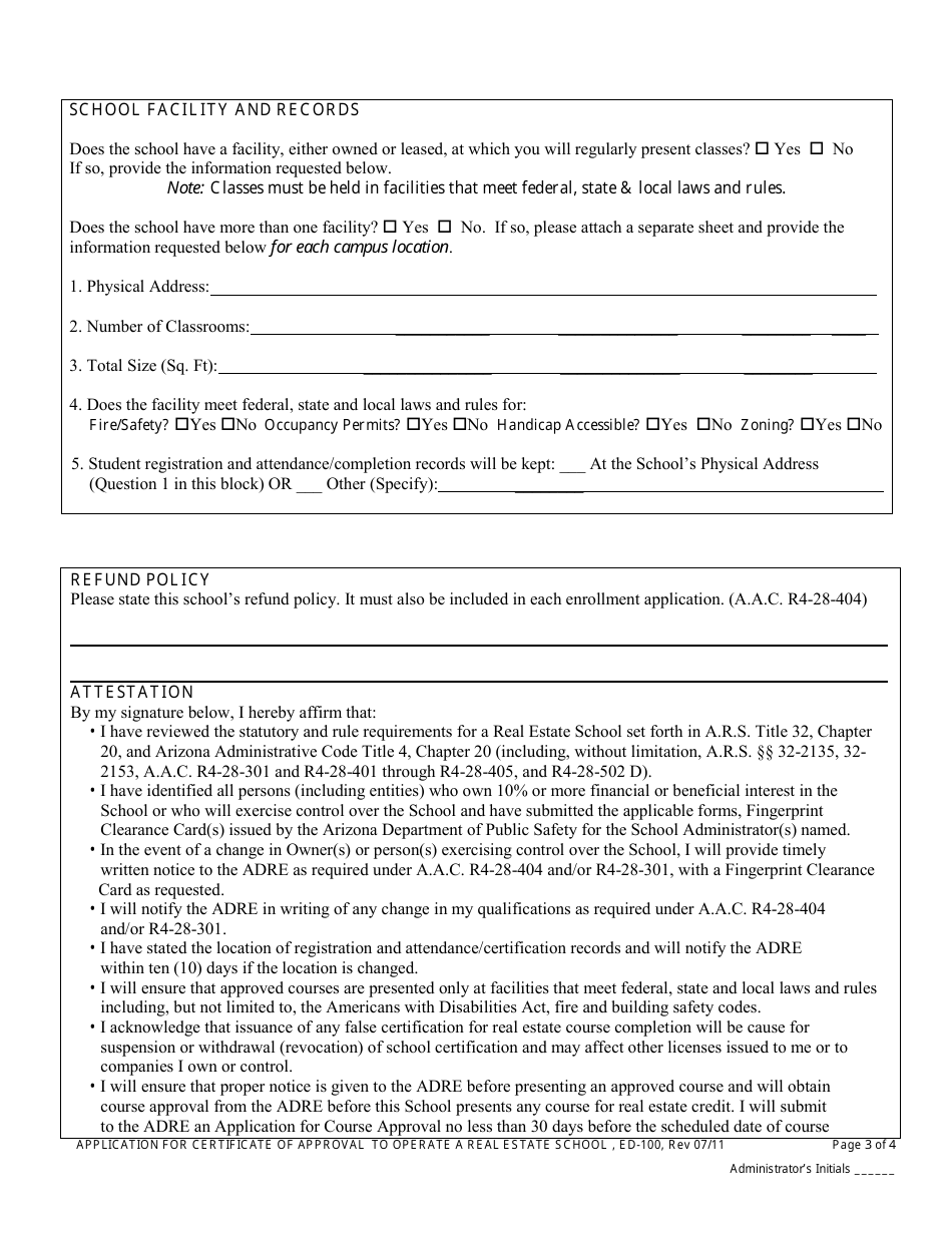 Form ED-100 Real Estate School Certification Approval Application - Arizona, Page 3