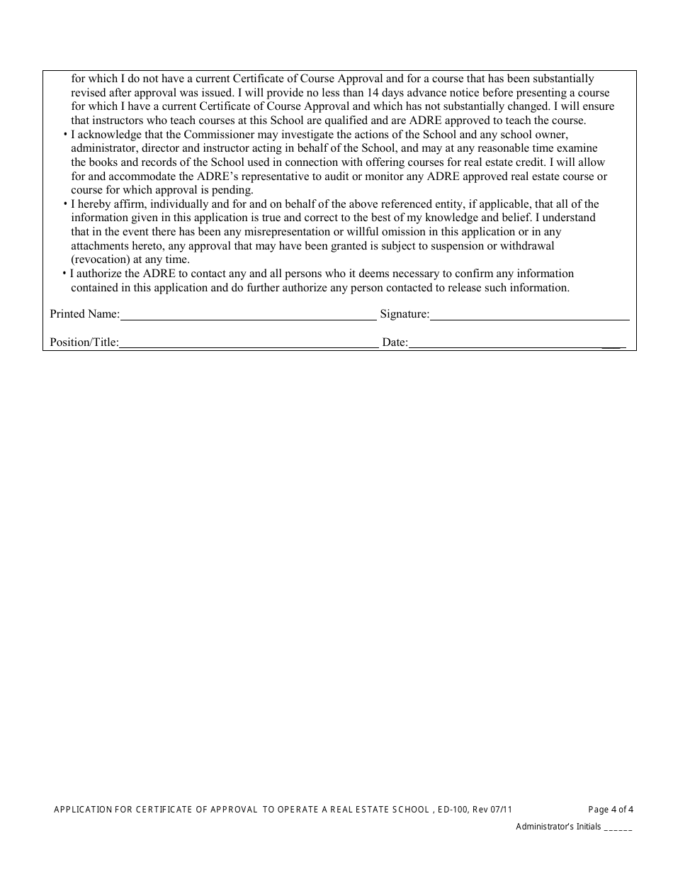 Form ED-100 Real Estate School Certification Approval Application - Arizona, Page 4