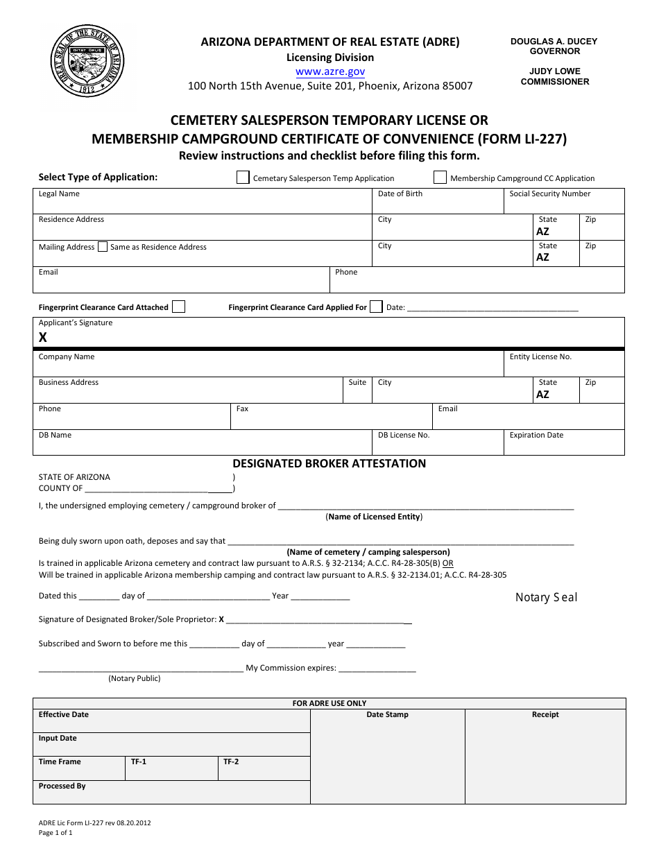 Form LI-227 Cemetery Salesperson Temporary License or Membership Campground Certificate of Convenience - Arizona, Page 1