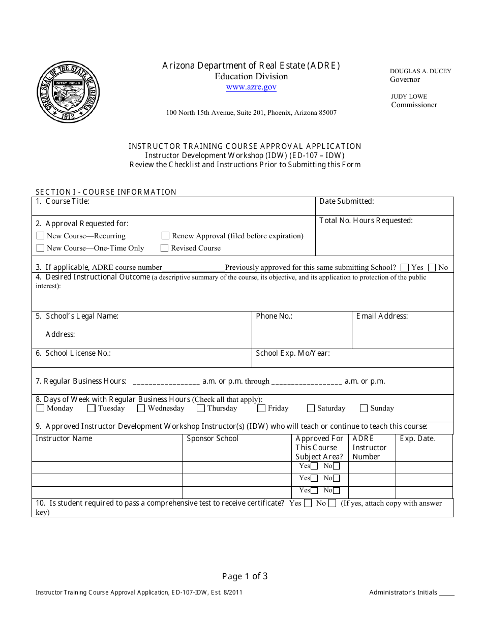 Form ED-107-IDW Instructor Training Course Approval Application - Arizona, Page 3