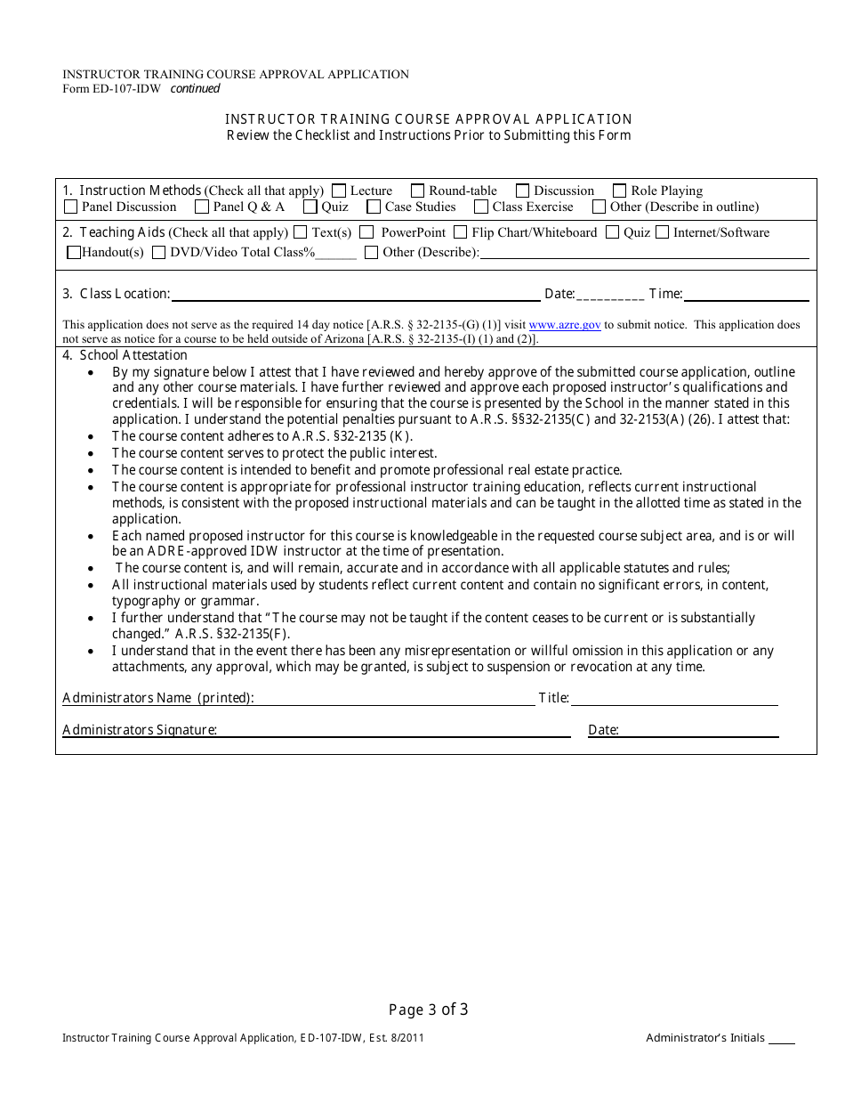 Form ED-107-IDW Instructor Training Course Approval Application - Arizona, Page 5