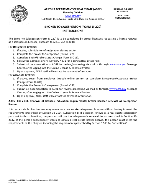 Instructions for Form LI-220 Broker to Salesperson - Arizona