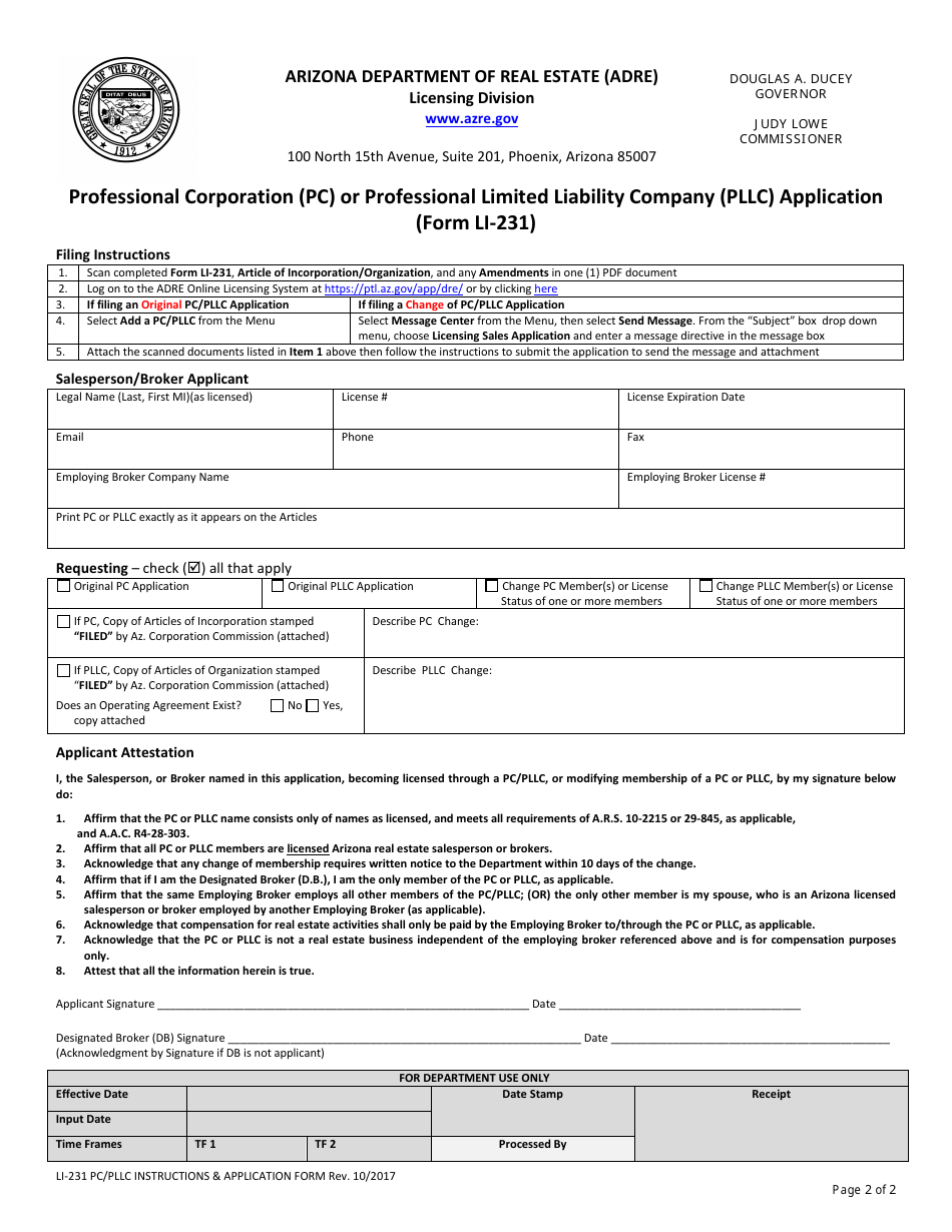 Form LI-231 Professional Corporation (Pc) or Professional Limited Liability Company (Pllc) Application - Arizona, Page 2