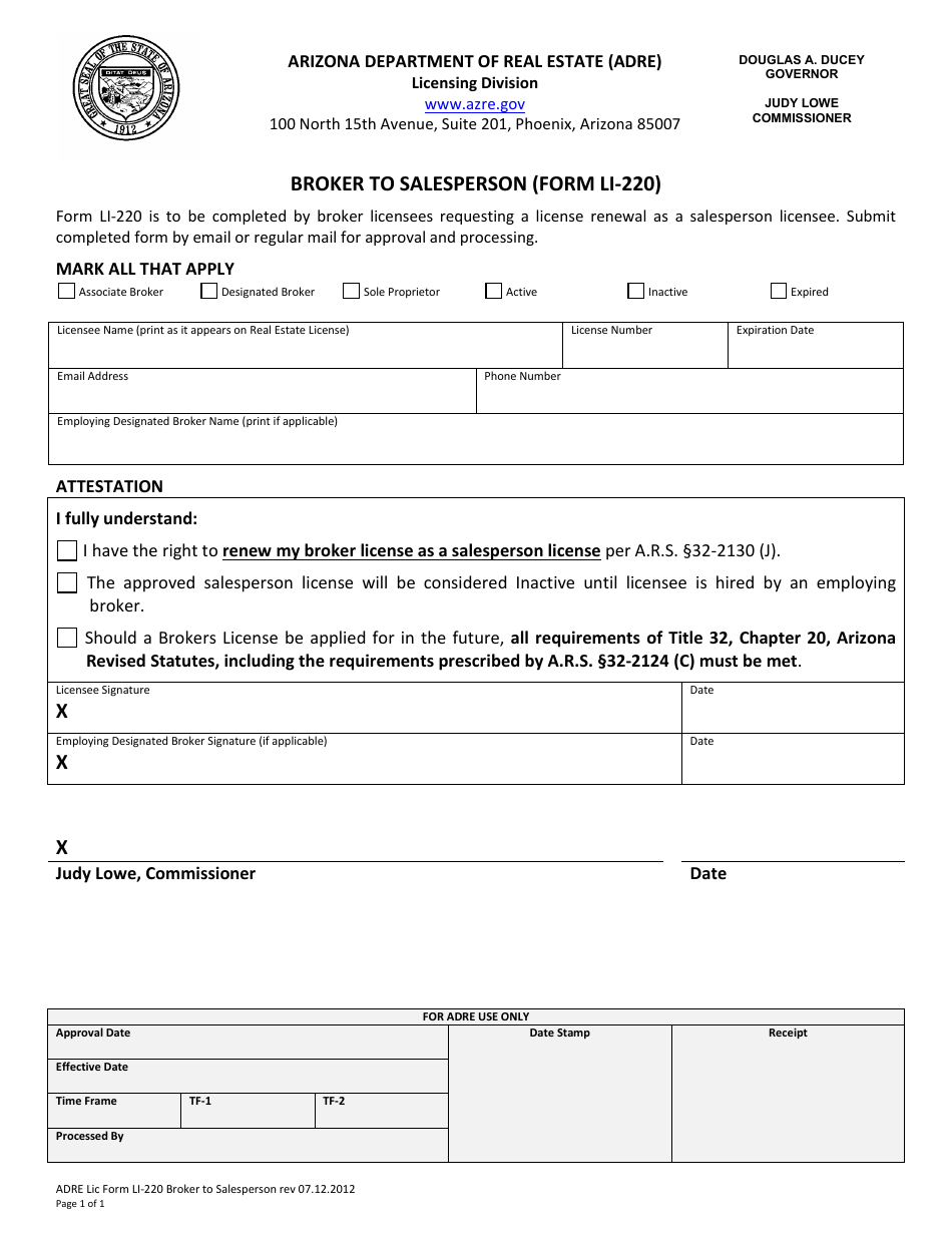Form LI-220 Broker to Salesperson Application - Arizona, Page 1