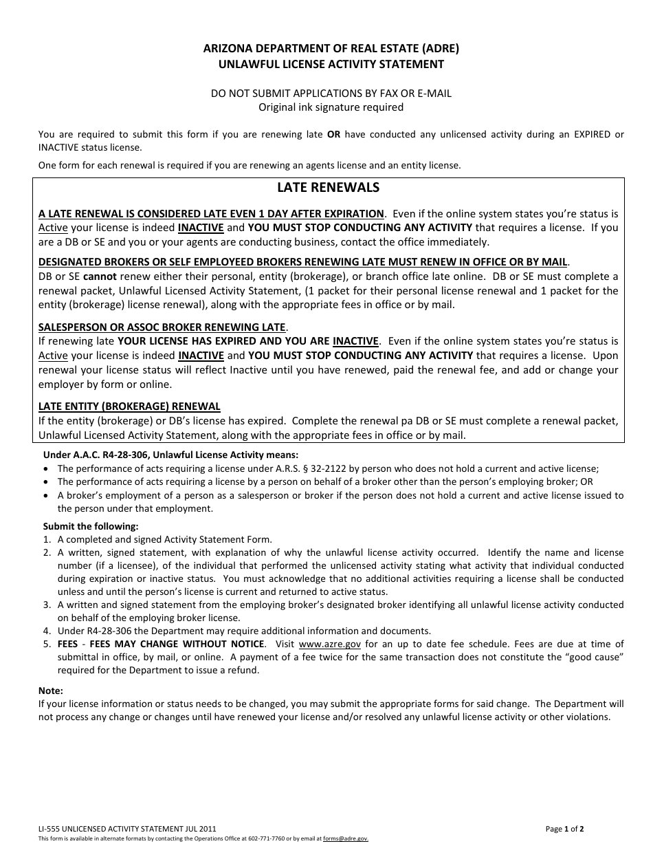 Form LI-555 Unlawful License Activity Statement - Arizona, Page 1