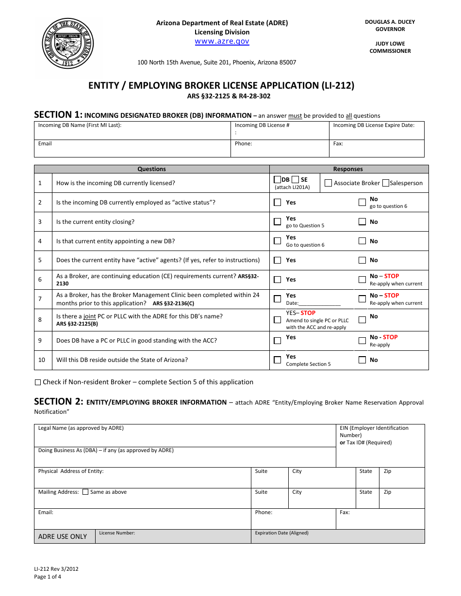 Form LI-212 Entity / Employing Broker License Application - Arizona, Page 1