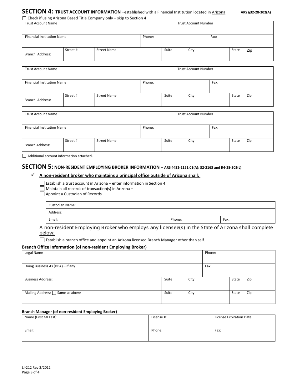 Form LI-212 Entity / Employing Broker License Application - Arizona, Page 3