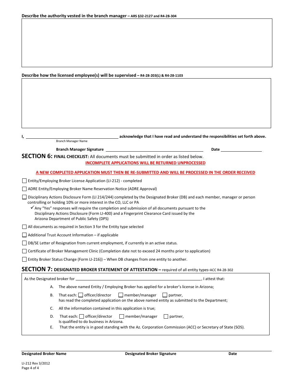 Form LI-212 Entity / Employing Broker License Application - Arizona, Page 4
