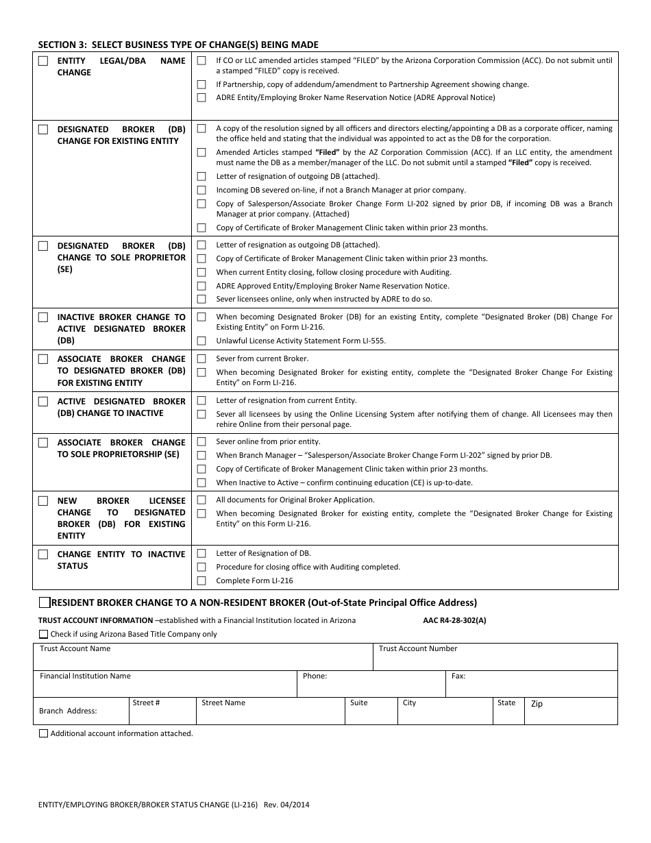 Form LI-216 Entity / Broker Status Change - Arizona, Page 2