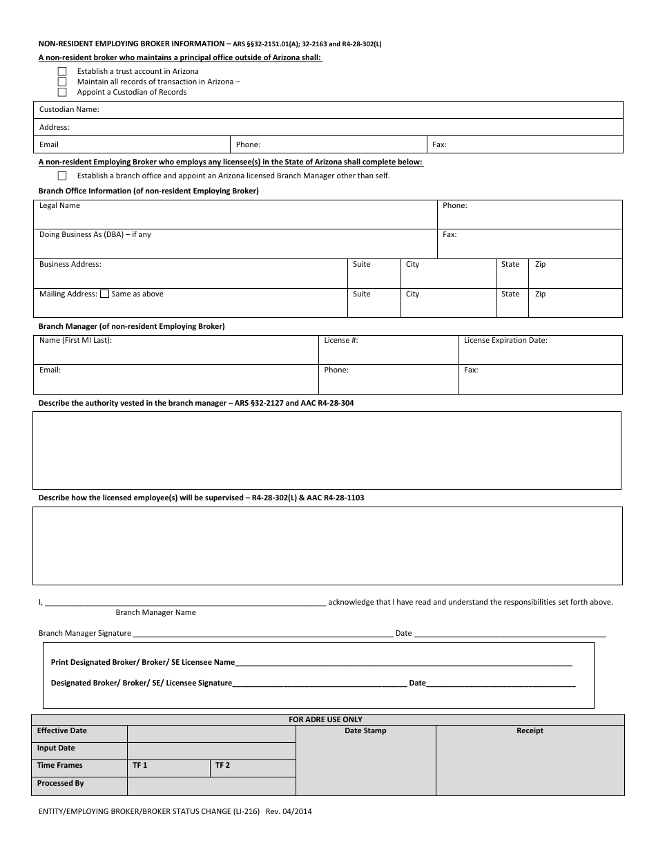 Form LI-216 Entity / Broker Status Change - Arizona, Page 3
