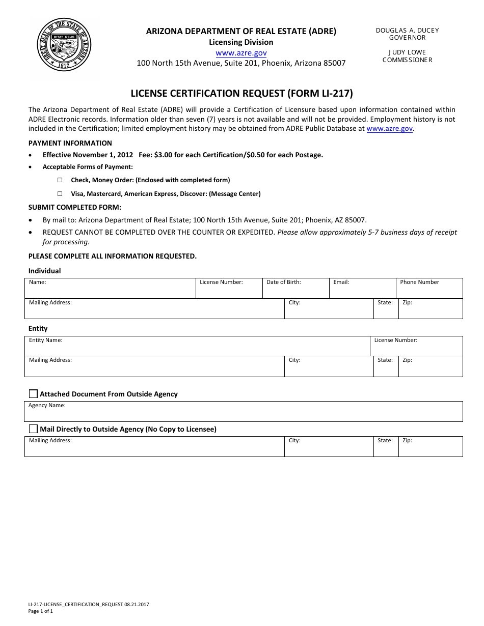 Form LI-217 License Certification Request - Arizona, Page 1
