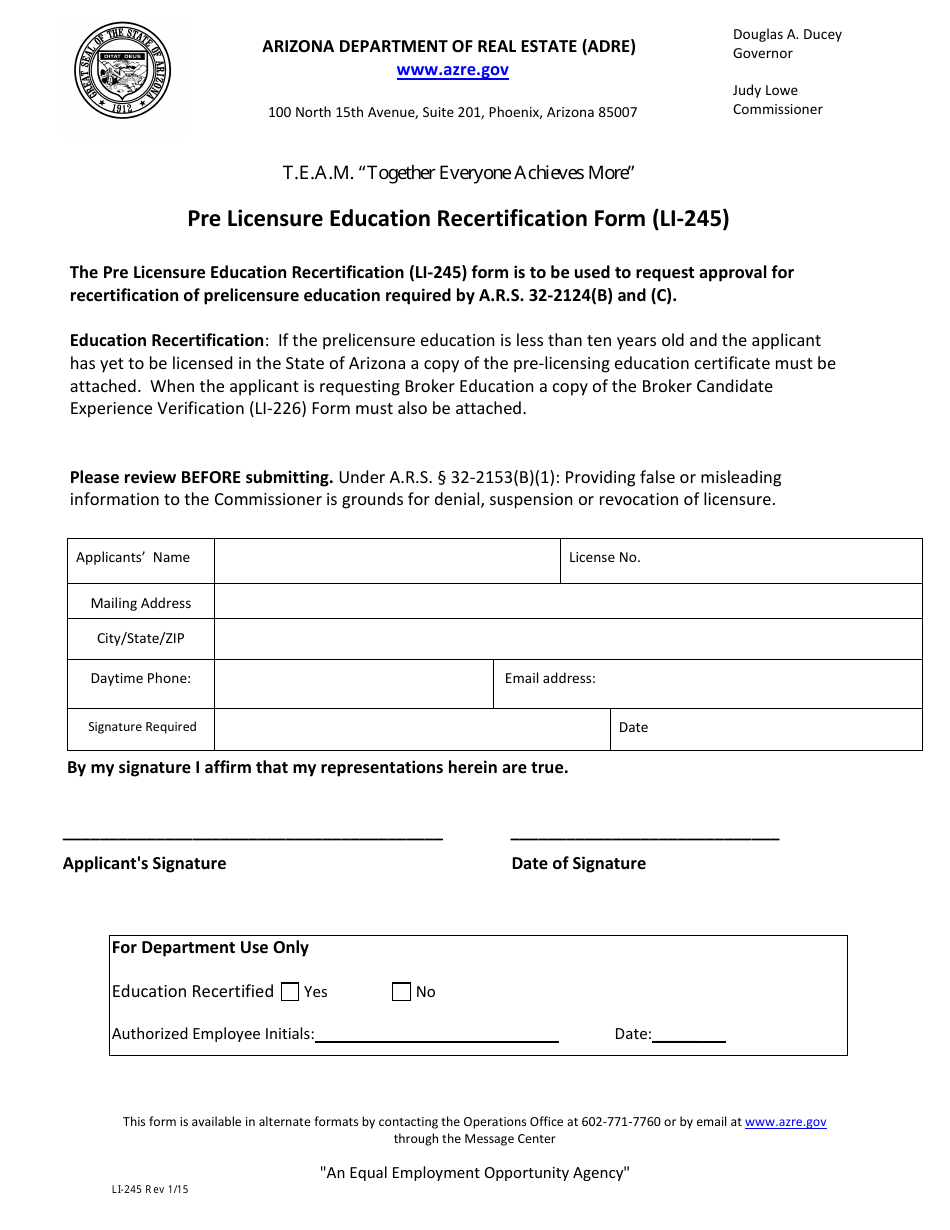 Form LI-245 Pre Licensure Education Recertification Form - Arizona, Page 1