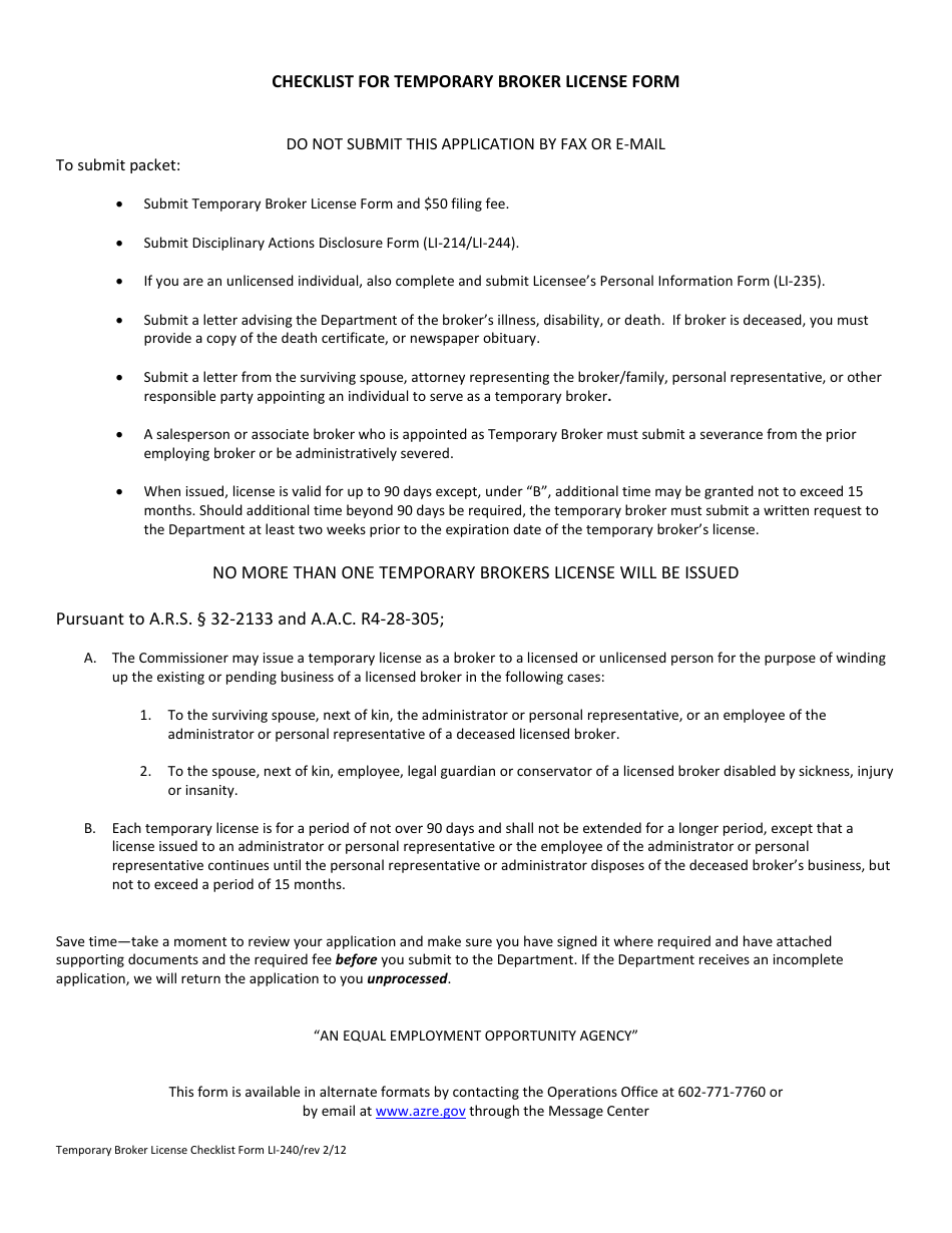 Form LI-240 Application for Temporary Brokers License Form - Arizona, Page 1