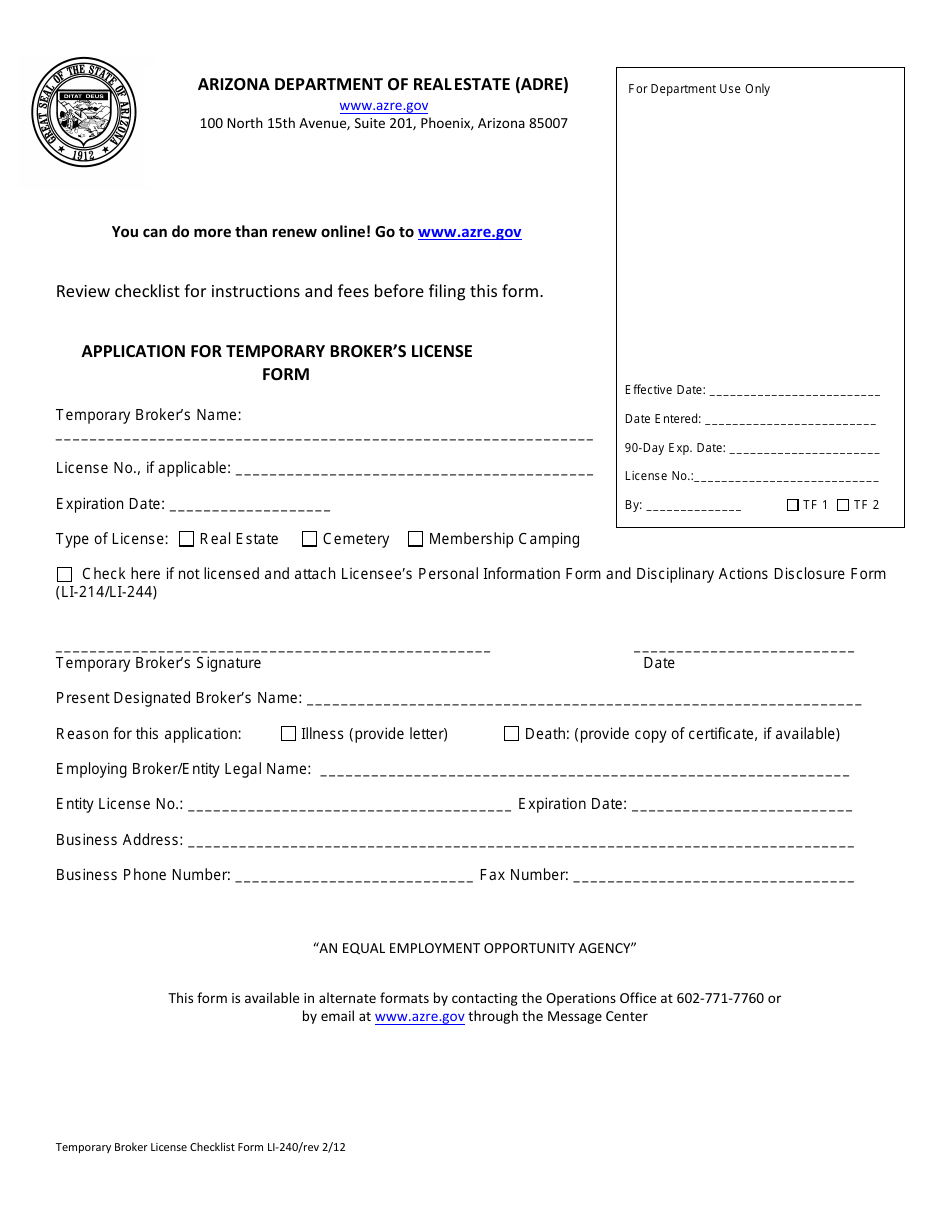 Form LI-240 Application for Temporary Brokers License Form - Arizona, Page 2