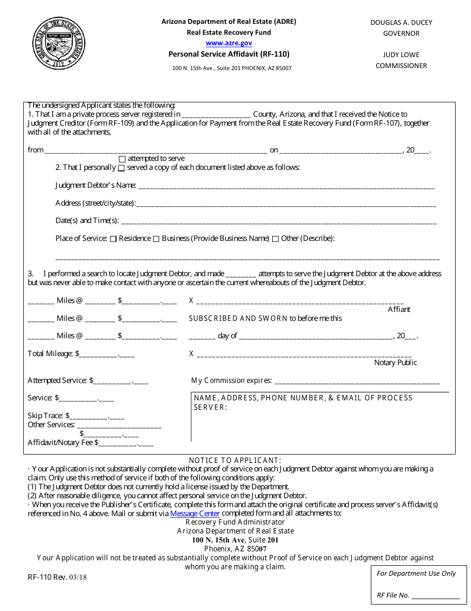 Form RF-110 Personal Service Affidavit - Arizona, Page 1