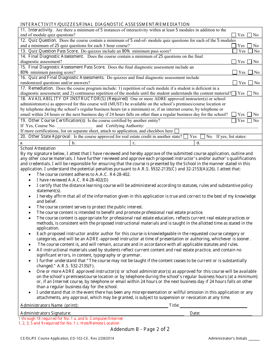 Form ED-102-CE / DL / PE Application for Certificate of Course Approval - Continuing Education / Distance Learning / Prelicense Education - Arizona, Page 10