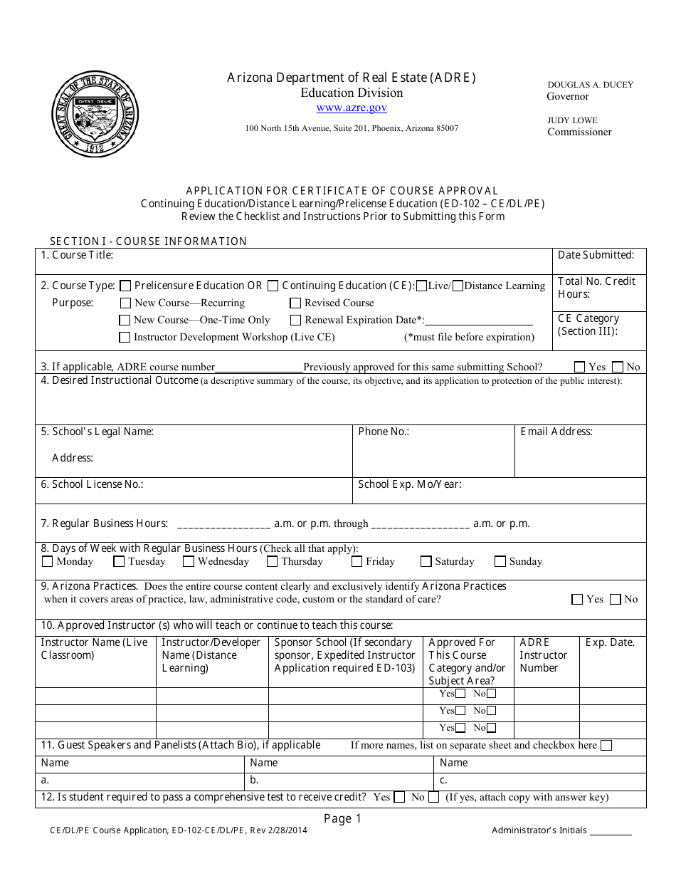 Form ED-102-CE / DL / PE Application for Certificate of Course Approval - Continuing Education / Distance Learning / Prelicense Education - Arizona, Page 3